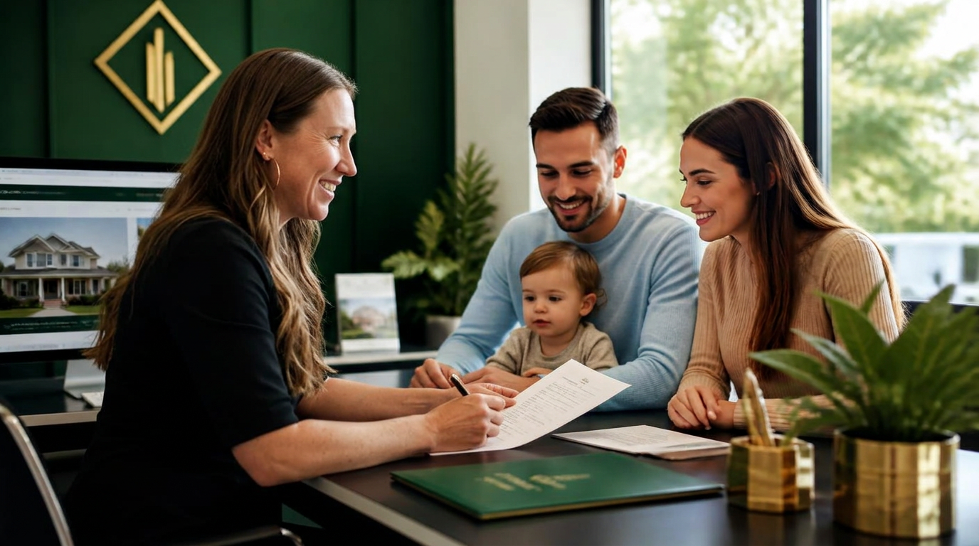 Loan officer consulting with a happy couple about their mortgage options